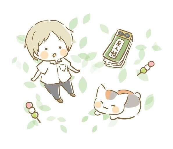 Natsume e Nyanko-sensei em desenho chibi entre folhas, com o Livro dos Amigos e dango