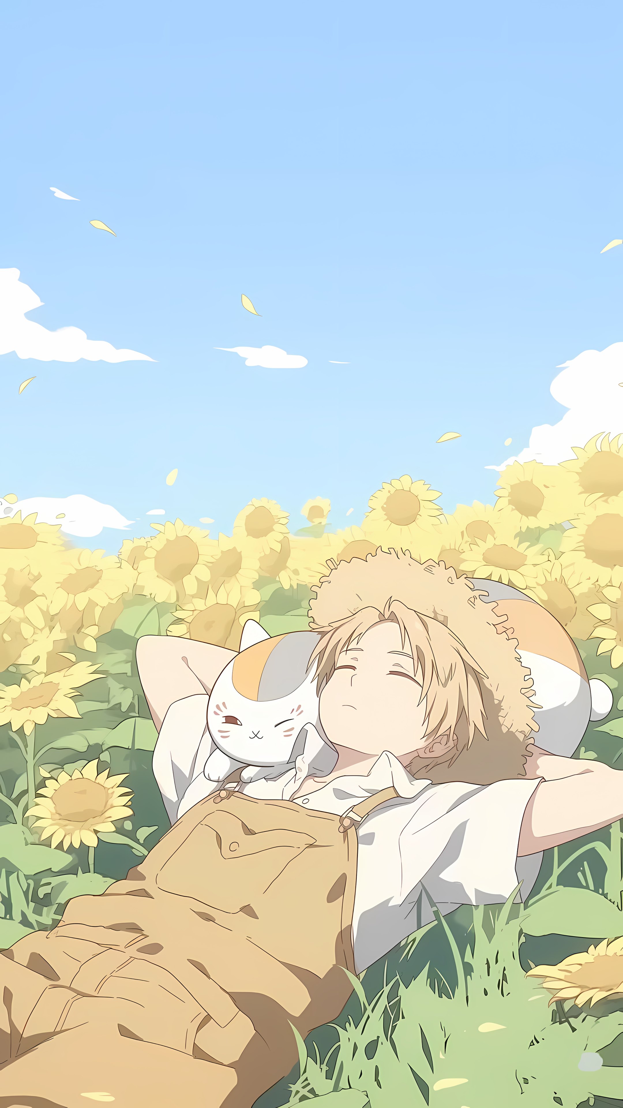 Natsume dormindo num campo de girassóis com Nyanko-sensei sobre o ombro